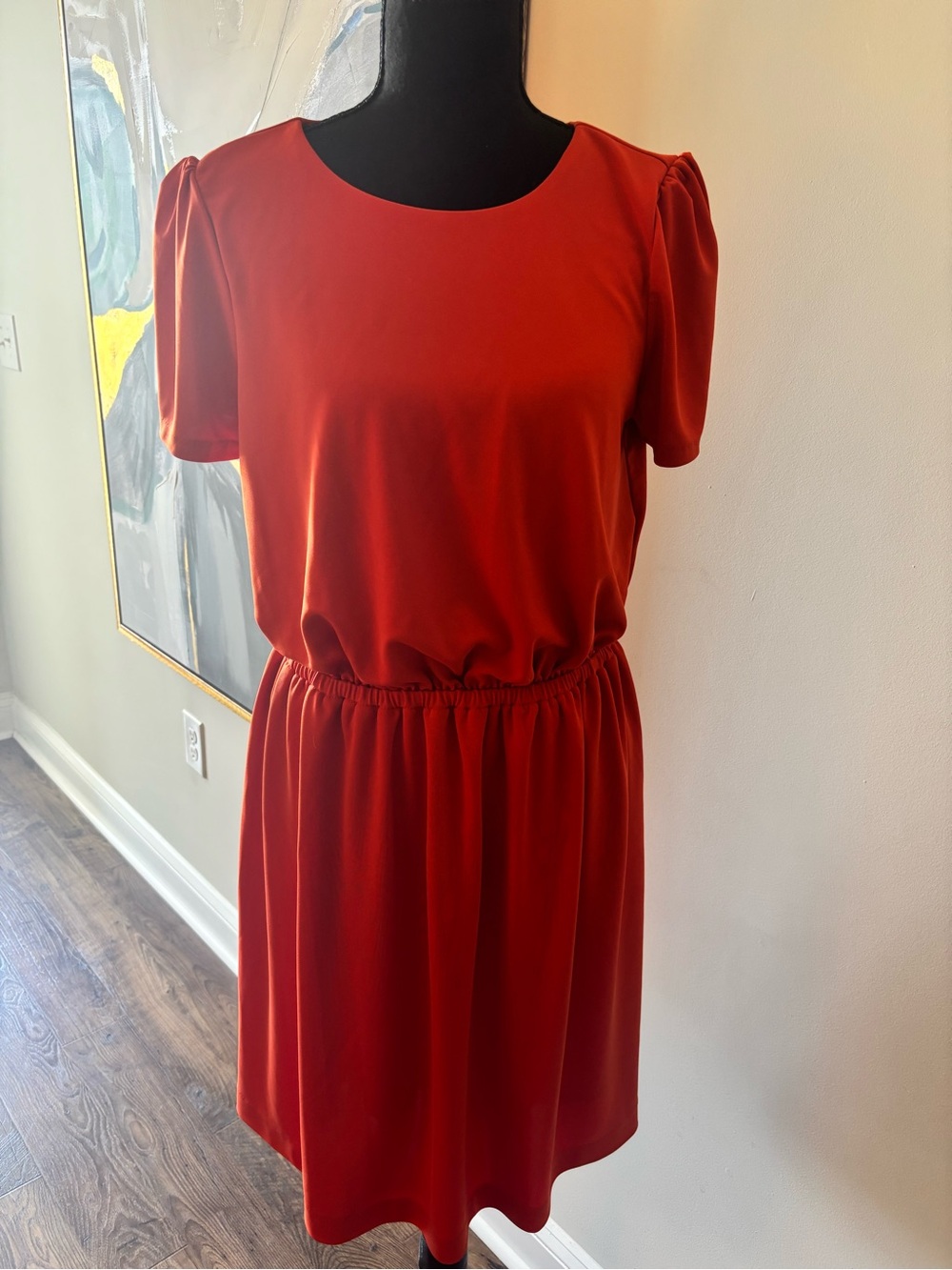 Classic Short Sleeve Orange Dress with Elastic Waist